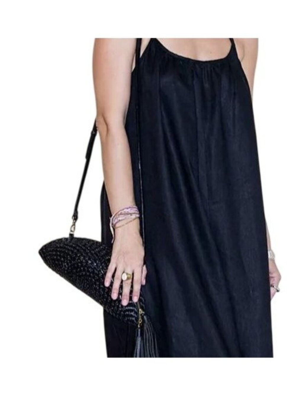 Mon Panama Audrey Onyx Black Woven Straw Half-Moon Crossbody Bag with Tassels